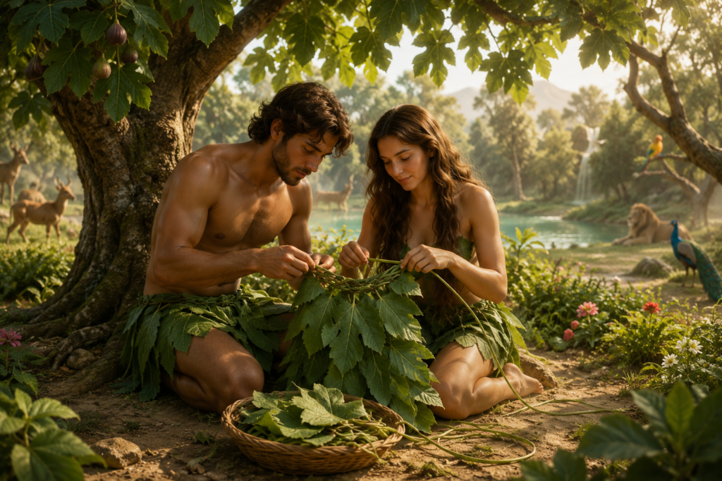 Adam and Eve weaving fig leaves into the first handmade clothing beneath a fig tree in the Garden of Eden, illustrating one of the earliest biblical depictions of human covering and the origins of fashion.