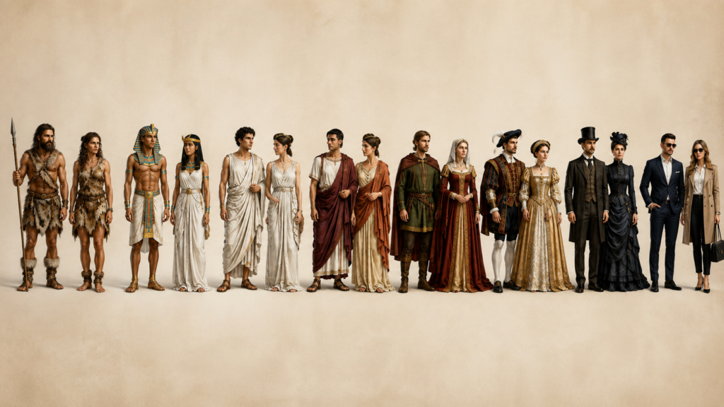 A visual timeline showing the evolution of fashion from prehistoric animal-skin clothing through Ancient Egypt, Greece, Rome, the Middle Ages, the Renaissance, the Victorian era, and modern fashion.
